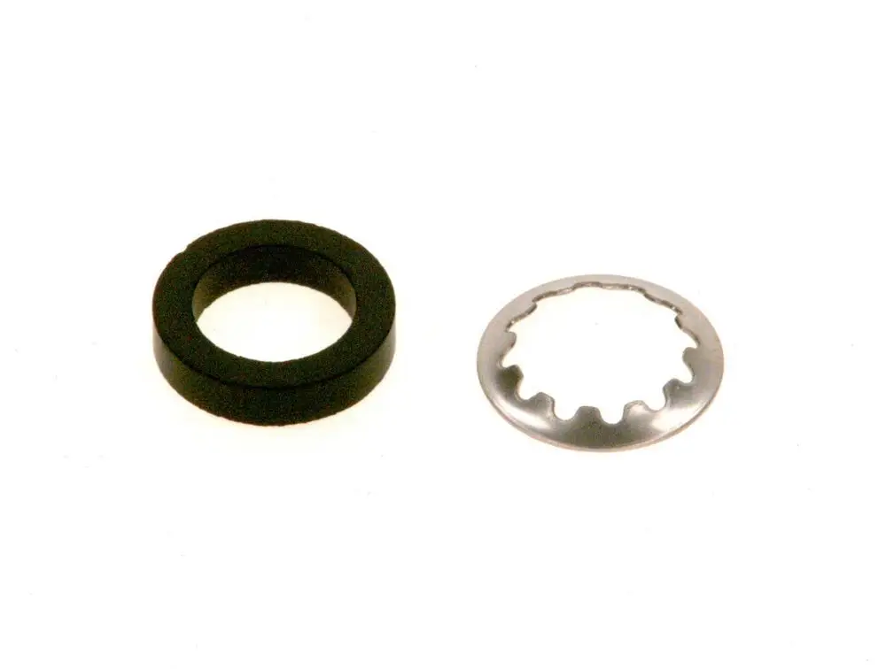 Schwarze Dichtung und metallene Unterlegscheibe von Bosch, die für Abdichtungs- und Befestigungszwecke in mechanischen Anwendungen verwendet werden.